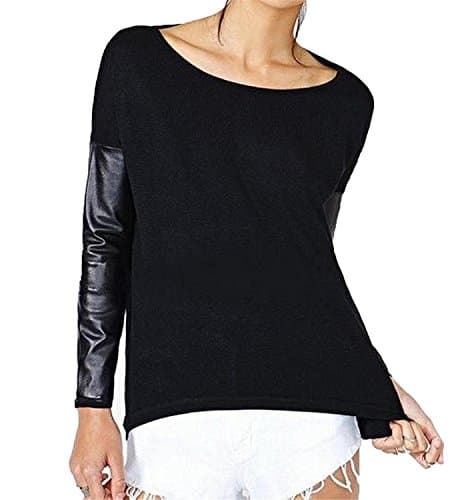 Tirahse Popular Women Raglan Sleeve PU Basic Sweater Pullover T Shirt Black 2XL