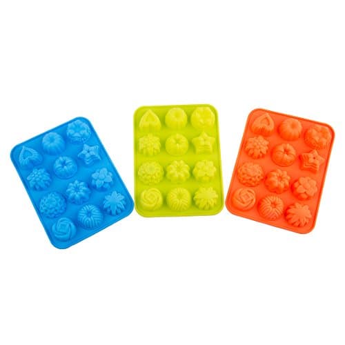 GORLD Silicone Bakeware Mold For cake, chocolate, Jelly, Pudding, Dessert Molds, 12 Holes With Flower, Heart Shape, Set of 3