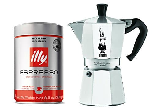 Bialetti 6 Cup Moka Express & Illy Medium Roast Espresso Ground Coffee 8.8 Oz