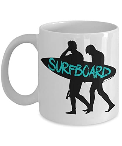 SURFBOARD COFFEE MUG: Creative Hot Beverage Printed Mugs for Men, Women, Mom and Dad - Cute, Funny, Clever, Unique Specialty Drinkware - Microwave & Dishwasher Safe - Fade Resistant