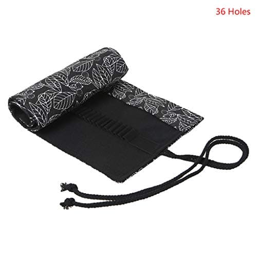YOFO 12/24/36/48/72 Holes Canvas Wrap Roll Up Pencil Bag Pen Case Holder Storage Pouch Black Leaf Printe