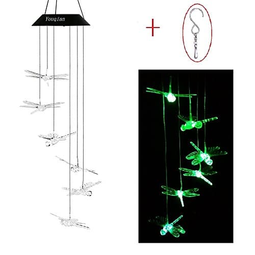 Youqian Solar Dragonfly Wind Chimes, Color-Changing Moving Rotating Wind Chime Waterproof Automatic Light Sensor Outdoor Decor for Home Party Balcony Porch Patio Garden