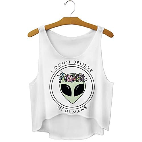 Women (Pattern Four) Alien Printed White Sleeveless Crop Top