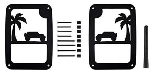Tail Light Covers and Stubby Antenna by VroomTec | Rear Side Lamp Protector Covers For Jeep Wrangler JK and JKU | Made Of Durable Aluminum | With Black Powder Coat Finish (Jeep On A Beach - Stubby)
