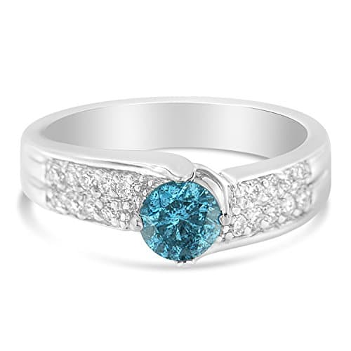 14k White Gold White and Blue Round Cut Diamond Ring (1 cttw, Blue Color, SI1-SI2 Clarity)