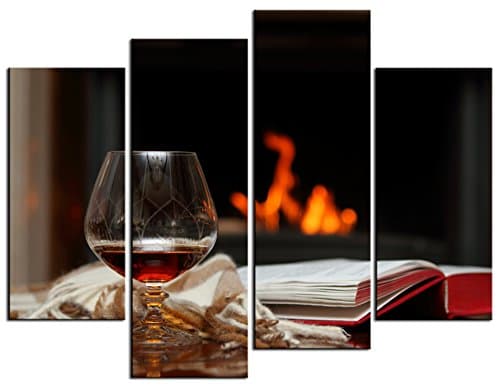 SmartWallArt - Wine Paintings Wall Art Red Wine and Open Book in Front of the Fireplace 4 Pieces Picture Print on Canvas for Modern Home Decoration