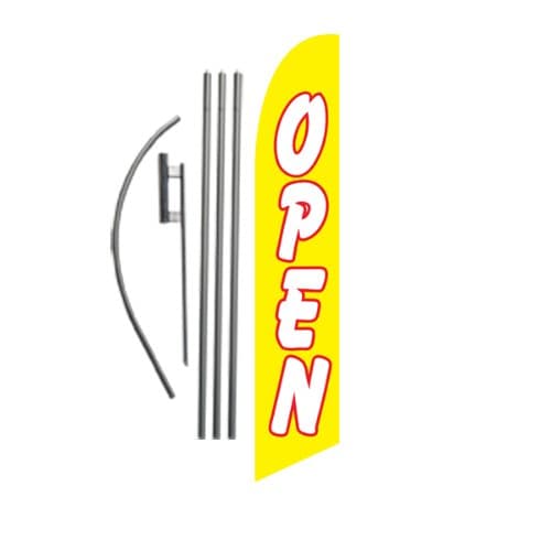 Open (Yellow/White) 15ft Feather Banner Swooper Flag Kit - Includes 15FT Pole KIT w/Ground Spike