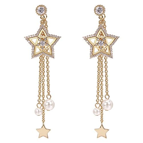 Pearl & Zircon Crystal Stud Ear Wire Ear Cuff 24K Gold Plated Star Earrings Hypoallergenic