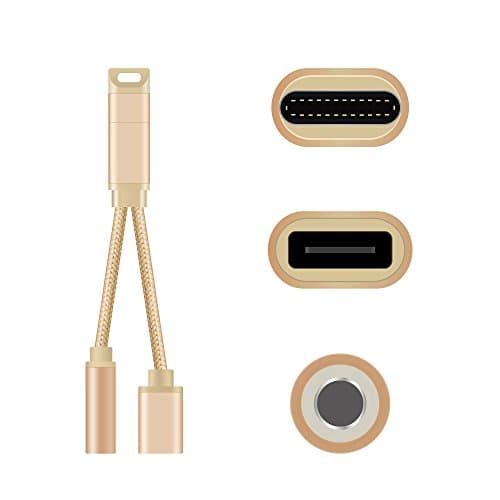 2 in 1 Type C to 3.5mm Headphone Audio Adapter Connector Convertor Cable with Charging,Phone Call, Audio,Line Control for LeTV,XiaoMi, Nubia Cell phone,Gold