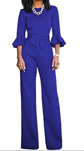 Corala Women Solid Long Sleeve Wide Leg Long Jumpsuits Romper Pants with Belt,Blue,Medium