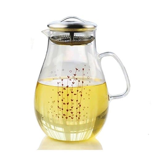 Gobize 64 Oz Large Waterplant Pattern Heat Resistant Borosilicate Water Pitcher with Stainless Steel Lid, Hot or Cold Water Jug glass carafe with Lid Stove-top Safe