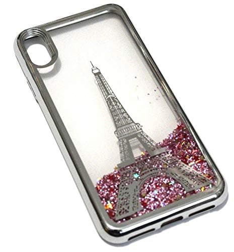 for iPhone Xs MAX (6.5") - Hybrid Glitter Liquid Waterfall Quicksand Skin Case Cover (Silver Paris Eiffel Tower)