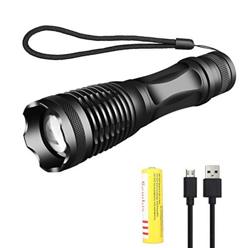 Super Bright Led Torch, Rechargeable Torch Adjustable Focus Zoomable T6 Tactical Flashlight with 5 Modes and Battery