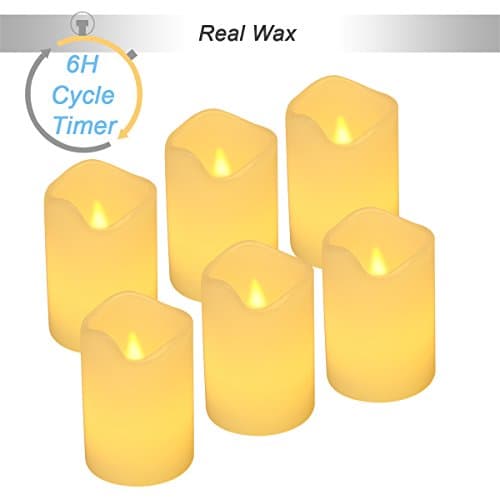 【Real Wax 6H Timer,200+ Working Hours】Flickering Real Wax Flameless Tealights Candles Battery Operated Votive Candles Tea Lights 6 Pack Amber Yellow Flame(Dia. 1.97"x2.95" Height)