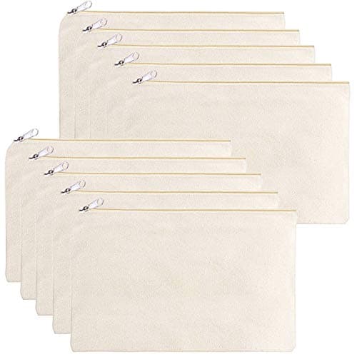 Multipurpose Cosmetic Bag with Zipper - 10-Pack Plain DIY Natural Make-Up Pouch, Cotton Canvas Pen Pencil Bag for Women and Teens(9X6inch)