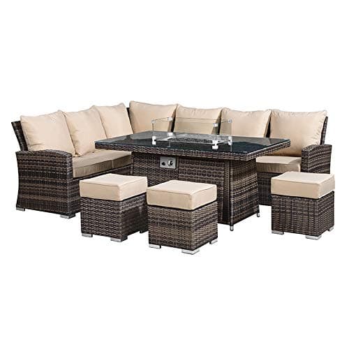 Nova - Cambridge 8 Seat Left Hand Casual Dining Corner Sofa Set - Firepit - Garden Patio Furniture Corner Sofa with Table & 3 Footstools - Flat Weave Rattan - Brown