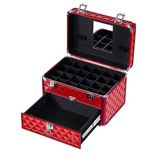Makeup Train Case, Professional Organizer, with 24 compartments Nail polish storage and 1 Drawer, Beauty Vanity Makeup Case with Mirror Portable Cosmetic Holder
