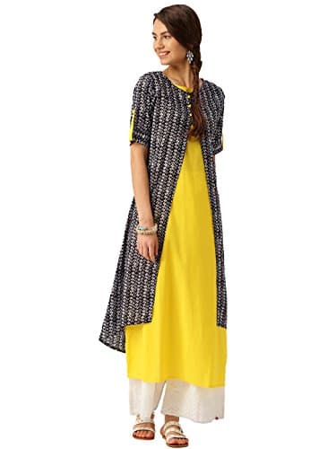 Jaipur Kurti Women Solid Straight Kurta with Printed Jacket Dress (Yellow & Black)