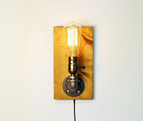 Industrial Steampunk wall sconce pipe lamp with classic Edison bulb and Oak wood base