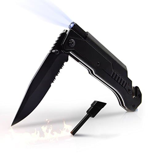 JUNHAO Best 6-in-1 Survival Tactical Military Folding Pocket Knife with LED Light, Seatbelt Cutter, Glass Breaker, Magnesium Fire Starter, Bottle Opener; Multi-Function Emergency Tool
