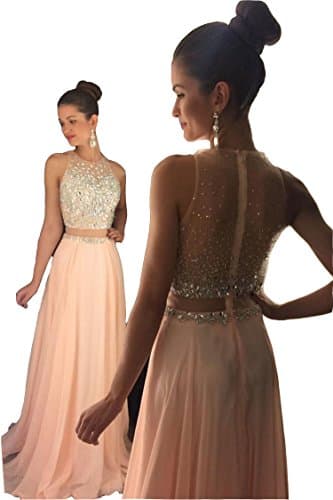 Promme Two Piece Prom Dresses Beaded Bodice Chiffon Sweep Train Pink Size 6