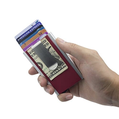 Mosiyeef RFID Blocking Automatic Pop-Up Pu Leather Aluminum Metal Wallet Credit Card Case Holder Money Clip Card Case