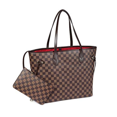 Daisy Rose Checkered Tote Shoulder Bag with Inner Pouch - Pu Vegan Leather, Brown, M