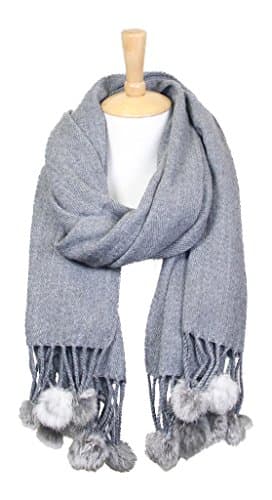 Women's Winter Warm Solid Oblong Scarf with Pom Pom Fringe (Grey)