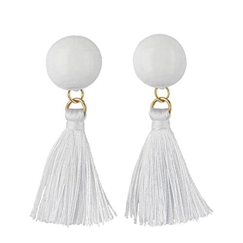 Save4you Elegant Korean Style Long Thread Tassel Drop Dangling Earrings Ear Studs (White)