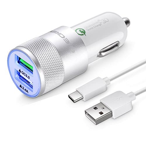 Rapid USB C Car Charger for Samsung Galaxy S8/S8 Plus, LG G6/G5, HTC 10 with Quick Charge 3.0 Port and 3.3ft USB Type C Cord - White