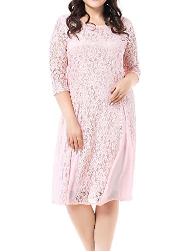 GMHO Women's Size Scoop-Neck Solid Three-Quarter-Sleeve Knee Straight Dress, Pink, 1X Plus