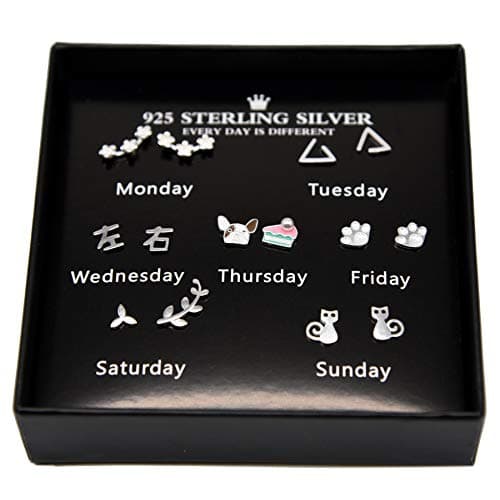 Boxed Earrings One Week Earrings Set with Gift Box 925 Sterling Silver Stud Earrings Set 7 Pairs Hypoallergenic Earrings Gift for Her