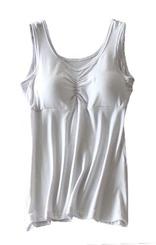 Foxexy Womens Ruched Removable Built in Bra Thick/Thin Pads Cotton Sport Yoga Active Fitness Cami Tank Tops White One Size