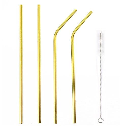 4 Pack Gold Stainless Steel Straws 8.5'' Long Reusable Drinking Straws for 20oz Tumblers Cold Beverage (2 Straight + 2 Bent + 1 Brush) (8.5“ Long, Gold)