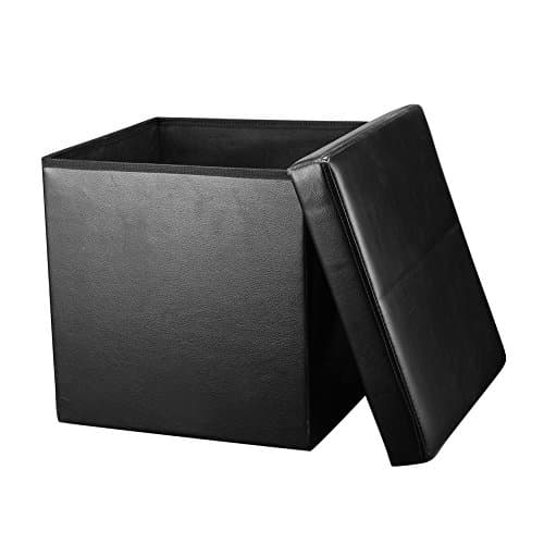 Folding Storage Ottoman, Homkit Large Faux Leather Folding Storage Box with Lid Non - Toxic / Nil Odor Cube Foot Rest Stool Seat Black