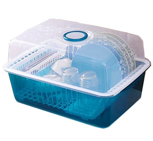 Battletter Plastic Kitchen Tableware Dishes Bowls Cupboard Storage Rack with Cover (Dark green)