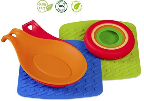 Multipurpose Silicone Kitchen Set: Trivet Mats / Pot Holders, Spoon rests + Food/Jar Caps