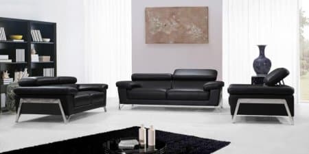 VIG VG2T0724 Divani Casa Encore Sofa Set with Adjustable Headrests, Padded Arms, Chrome Legs and Genuine Leather Upholstery in Black