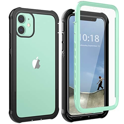 Owkey iPhone 11 Case, Full Body Rugged Case Heavy Duty Protection, Shock Drop Dirt Snow Proof Slim Fit Cover with Built in Screen Protector Replacement for iPhone 11 (2019) 6.1″- Green/Clear