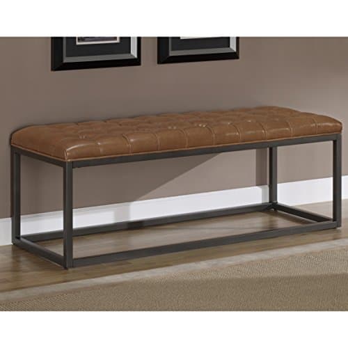 Contemporary Healy Medium Saddle Brown Bonded Leather and Metal Bench