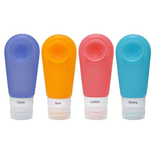 Portable Silicone Travel Bottles (4 Pack 3 Oz), Strong Suction Cup Leak Proof, FDA Certificated, with Facial Brush and Toothbrush Case Covers Pack P2