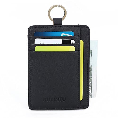 RFID Blocking Wallet for Men, Slim Front Pocket Wallet Genuine Leather Card Holder Minimalist Purse with Key Ring & ID Window (Black)