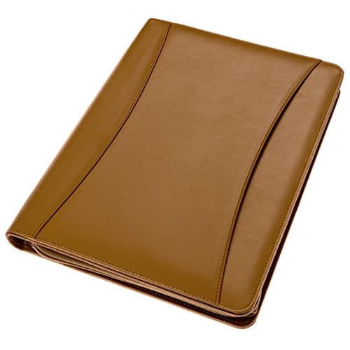 Aristo Gramma Professional Interview Leather Padfolio / Personal Document Organizer with Zippered Enclosure, includes 8.5" x 11" Writing Pad, for Left and Right Handed Use, Caramel Brown