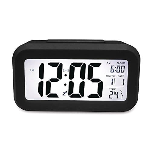 Alarm Clock Slim Digital Clock Large Display Travel Alarm Clock with Calendar & Large Display and Smart Night Light(white Backlight) Lcd Travel Alarm Clock and Home Alarm Clock (Black)
