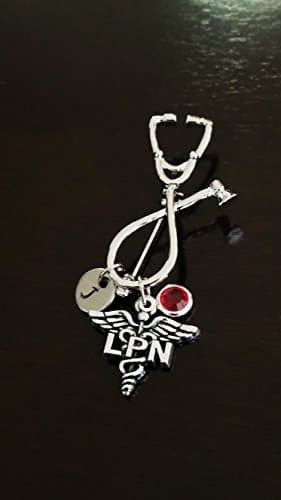 LPN Licensed Practical Nurse Medical Stethoscope Handstamped Personalized Initial Letter Birthstone Graduation Gift Brooch Pin