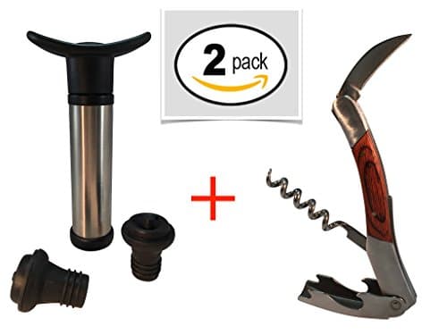 WINE LOVER VARIETY PACK BUNDLE: Premium Professional Stainless Wine Vacuum Pump Saver Set with Stoppers and Deluxe Professional Waiters Stainless Corkscrew Wine Key with Beer Opener