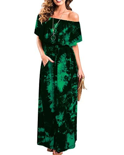 Womens Off The Shoulder Ruffle Party Dresses Tie Dye Split Maxi Long Dress
