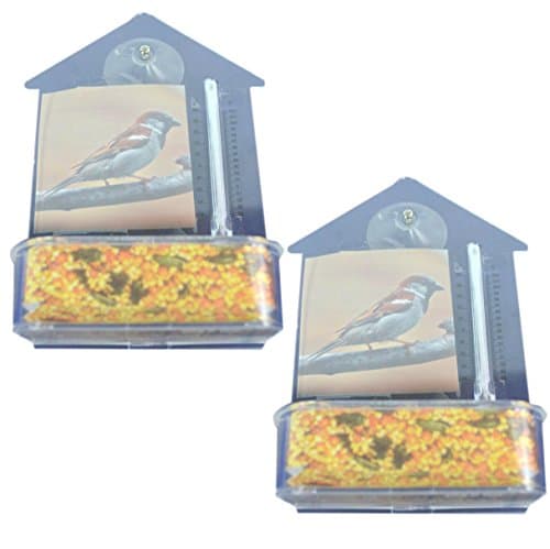 Bird Watcher's 2-Pack Window Suction Bird Feeder with Thermometer. These 7"x5" clear house shaped Feeding Dishes are ideal for Bird Watchers of all ages. Great views from your Window Seal.
