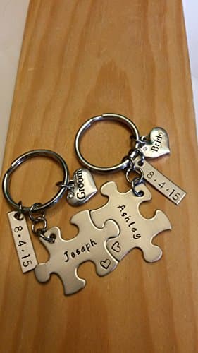 Hand Stamped Personalized Couples Puzzle Piece Keychains - Bride and Groom Keychains - Wedding Gift - Bride Gift - Groom Gift