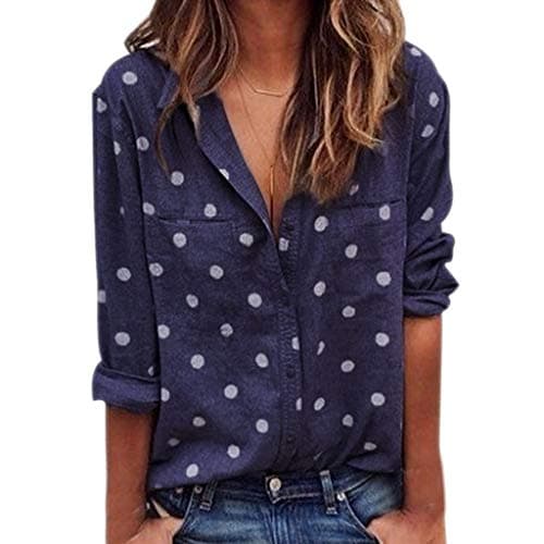 Letdown Women Long Sleeve Button Down Shirt Trun Down Collar Polka Dot Printing Casual Blouse